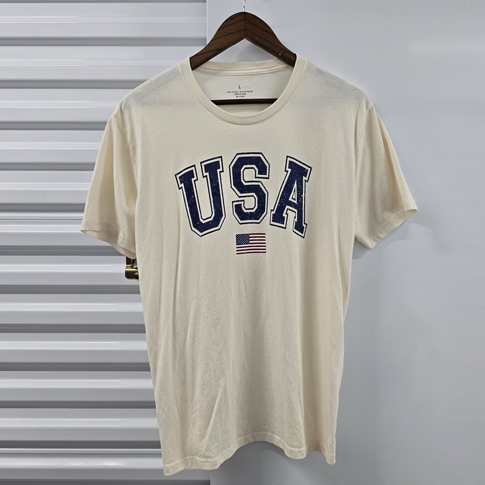 Academy Mens USA American Flag Graphic T-Shirt Large Cream Patriotic Distressed